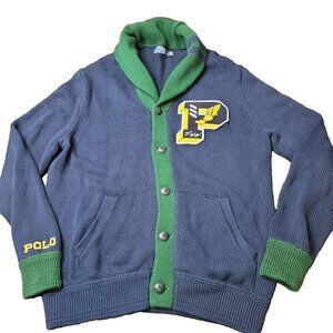 Polo‎ Ralph Lauren Mens M P Wing Varsity Letterman Patch Cardigan Sweater Blue